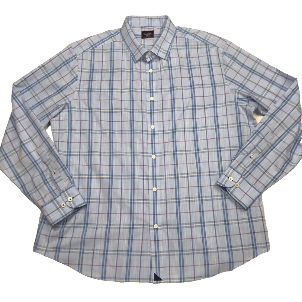 UNTUCKIT Triano Dress Shirt Men 2XL Blue Window Pane Plaid Wrinkle Free Preppy